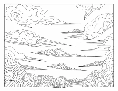 Desenho de nuvem para colorir para adultos: Um céu repleto de nuvens redemoinhantes e linhas suaves de vento se estende por toda a página