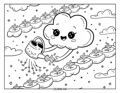 Desenho de nuvem para colorir para adultos: Uma nuvem sorridente cuida de vasos flutuantes, plantando minúsculas estrelas brilhantes no céu