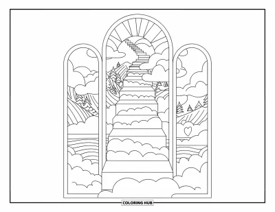 Desenho de nuvem para colorir para adultos: Uma escadaria de nuvens serpenteia por portões ornamentados acima de uma paisagem serrana tranquila