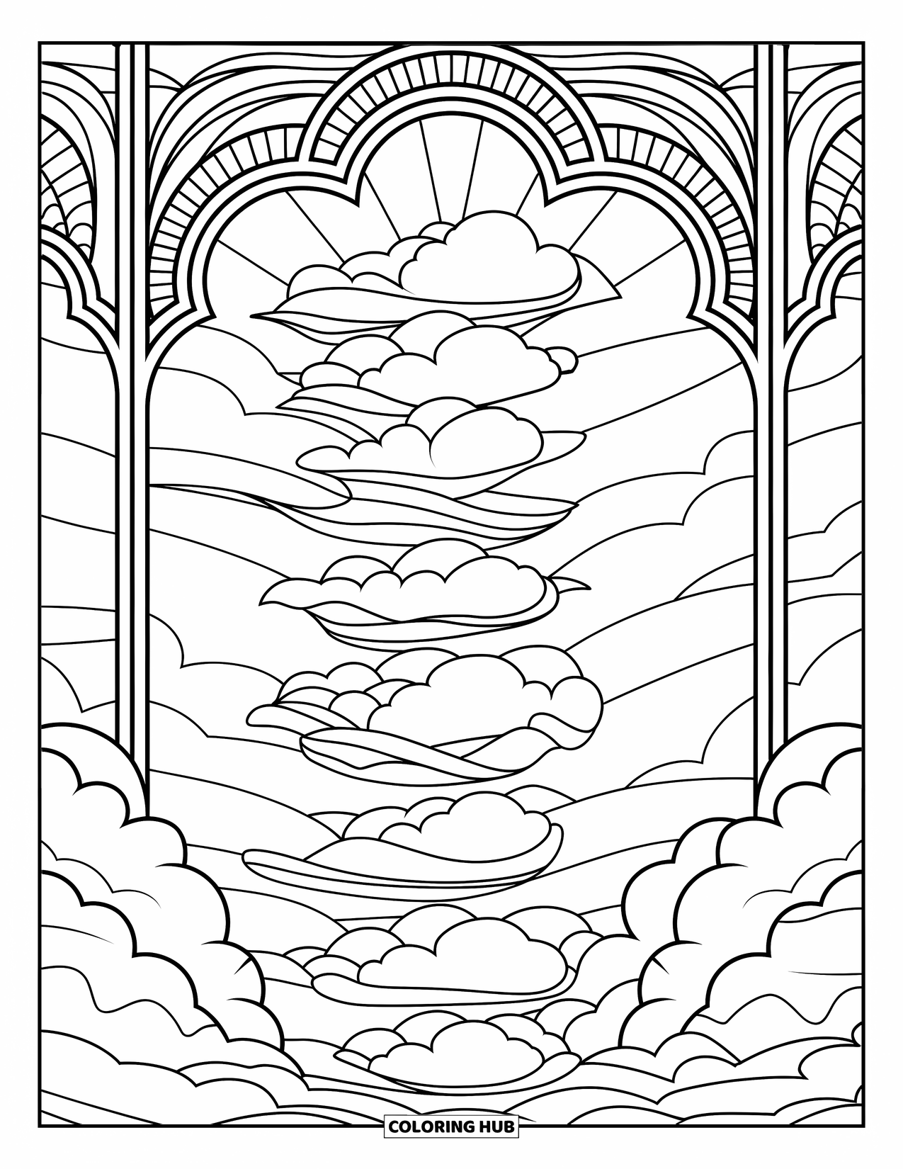 Cloud Coloring Page for Adults: A vertical frame holds swirling clouds and delicate patterns in a stained-glass style