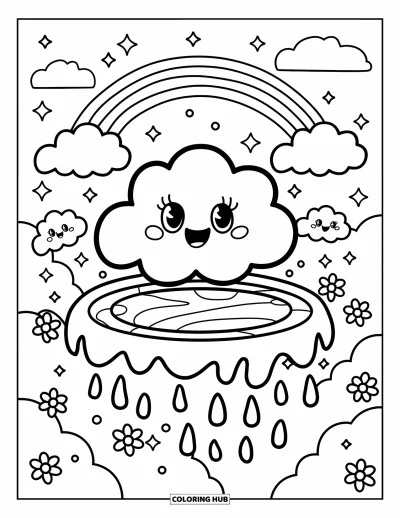 Desenho de nuvem para colorir para adultos: Saltando em uma cama elástica de gelatina, uma nuvem sobe alto enquanto faíscas e flores preenchem o céu
