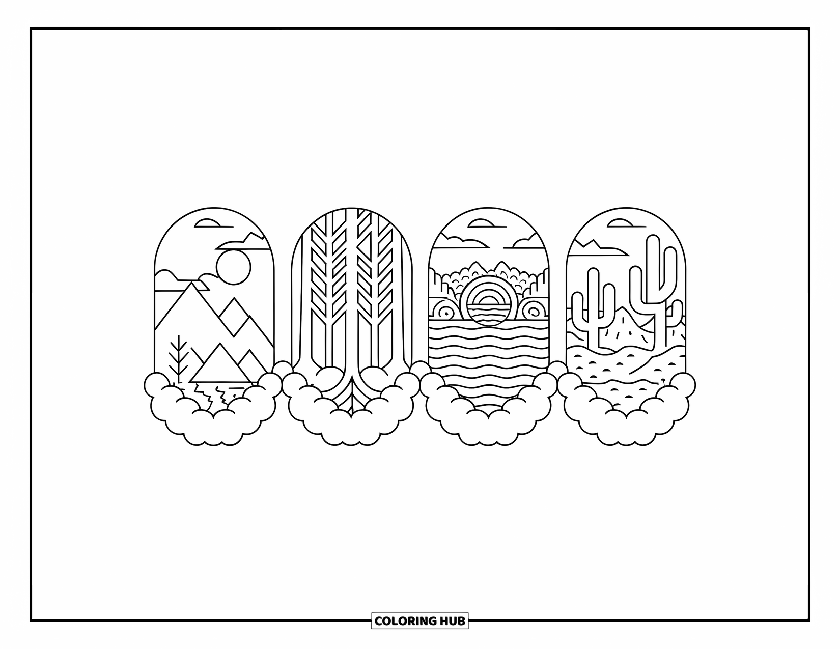 Cloud Coloring Page for Adults: Cloud arches frame scenes of nature, from forests and deserts to mountains and lakes