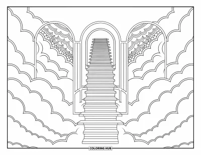 Desenho de nuvem para colorir para adultos: Escadas de nuvens serpenteiam por portais arqueados rodeados de camadas de padrões flutuantes