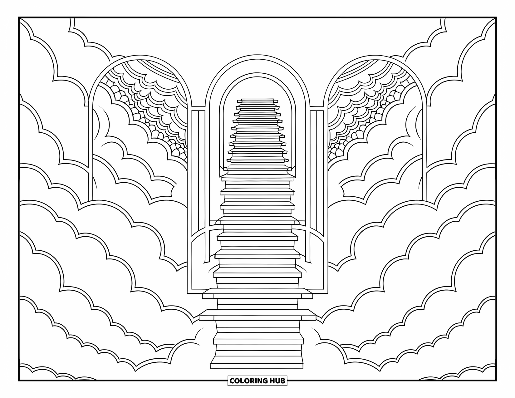 Cloud Coloring Page for Adults: Cloud stairs twist through arched gates surrounded by layers of floating cloud patterns
