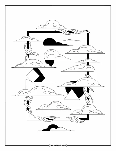 Desenho de nuvem para colorir para adultos: Nuvens e trepadeiras enroladas sustentam formas dispersas em uma cena de céu calma e geométrica