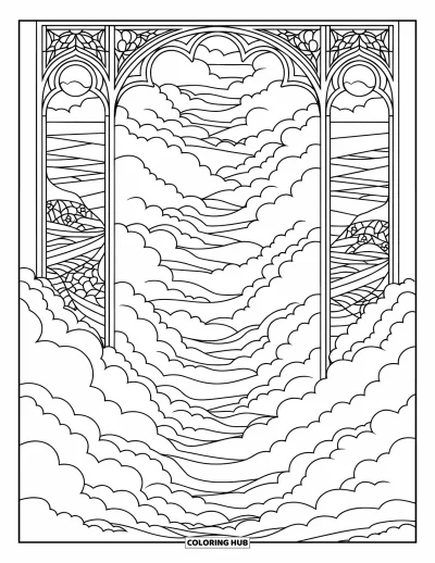 Desenho de nuvem para colorir para adultos: Nuvens fluem por uma moldura vertical com designs ornamentados e detalhes de paisagem