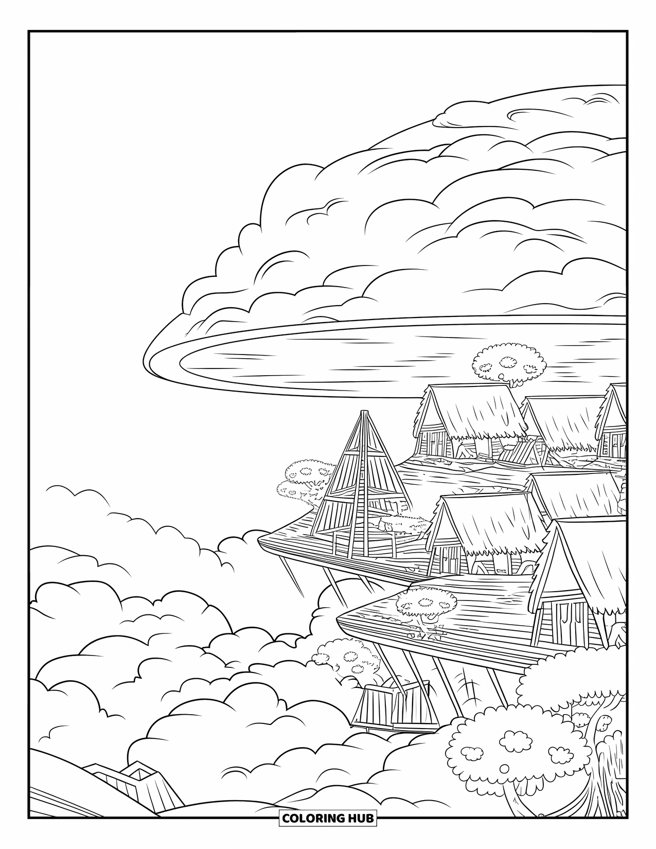 Cloud Coloring Page for Adults: Clouds form a dome above a quiet village of huts, planks, and leafy trees