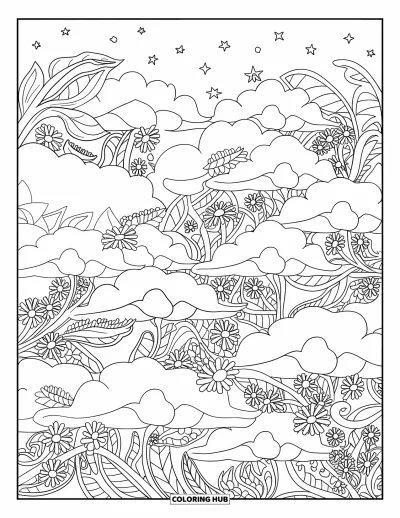 Desenho de nuvem para colorir para adultos: Nuvens se transformam em formas de folhas e flores por um céu sereno pontilhado de estrelas