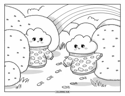 Desenho de nuvem para colorir para adultos: Duas nuvens quentinhas se perseguem ao redor de arbustos fofos e caminhos de arco-íris neblinosos