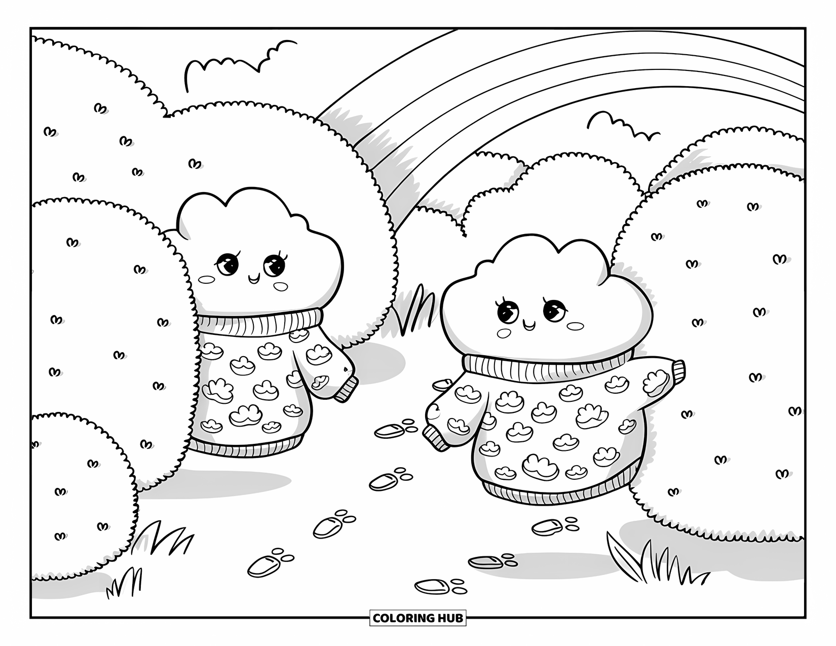 Cloud Coloring Page for Adults: Cozy twin clouds chase each other around fluffy bushes and misty rainbow paths