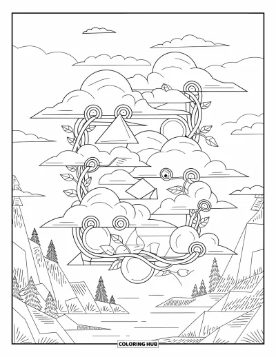 Desenho de nuvem para colorir para adultos: Nuvens fofas se misturam com trepadeiras e formas acima de uma cena calma de terra e água
