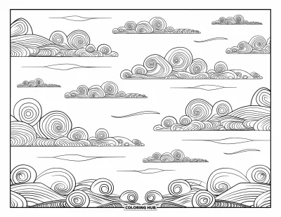 Desenho de nuvem para colorir para adultos: Nuvens em forma de colcha redemoinho acima com linhas suaves de vento as conectando delicadamente