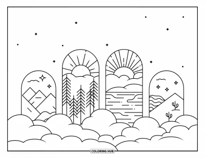 Desenho de nuvem para colorir para adultos: Raios de sol atravessam arcos de nuvens, cada um emoldurando paisagens serenas com água, árvores e dunas