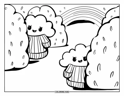 Desenho de nuvem para colorir para adultos: Duas nuvens de suéter brincam de esconde-esconde atrás de arbustos de marshmallow perto de um túnel de arco-íris