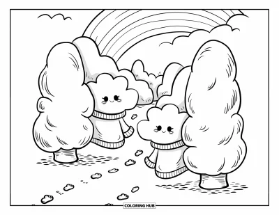 Desenho de nuvem para colorir para adultos: Duas nuvens de suéter riem e se escondem em arbustos neblinosos sob um arco-íris flutuante