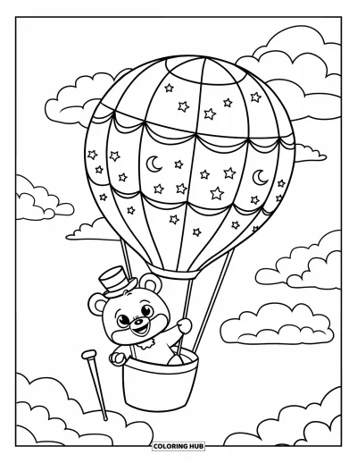 Desenho de nuvem para colorir para crianças: Um urso de cartola flutua entre nuvens em um balão com estrelas e luas