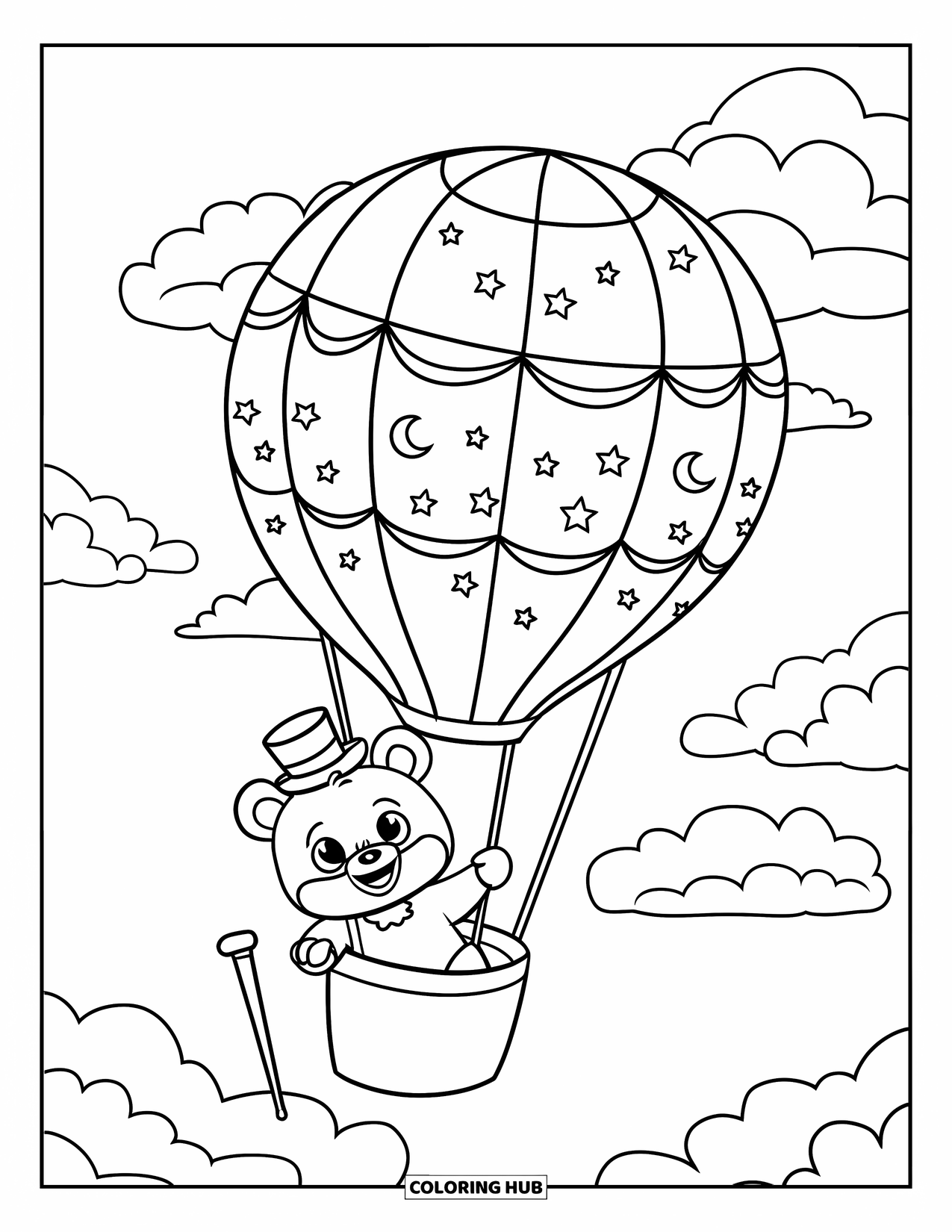 Cloud Coloring Page for Kids: A bear in a top hat floats through clouds in a balloon with stars and moons