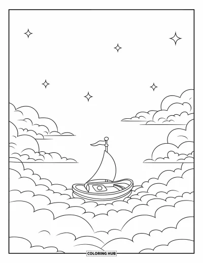 Desenho de nuvem para colorir para crianças: Um barco a vela desliza perto da borda de nuvens suaves sob um céu calmo