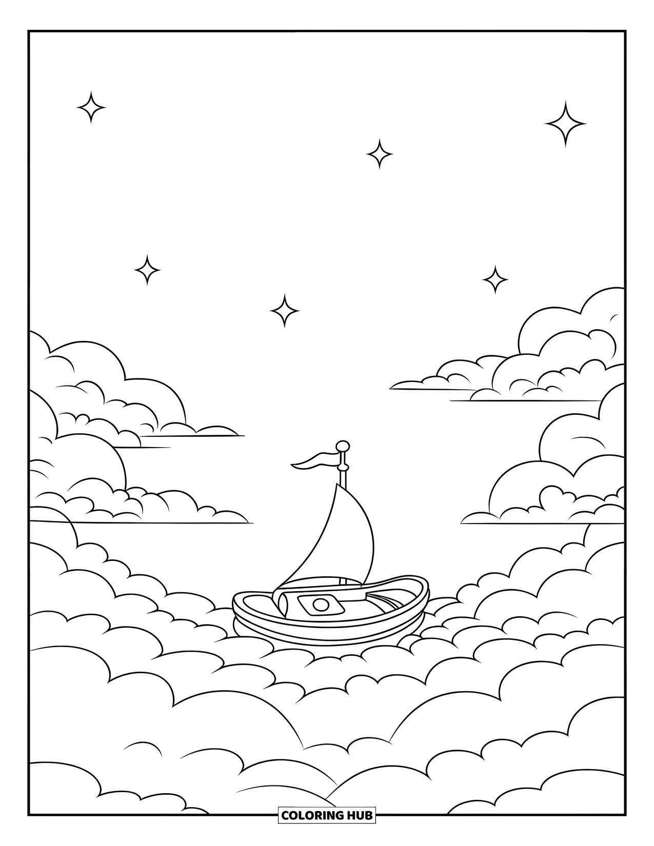Cloud Coloring Page for Kids: A boat with a sail glides near the edge of soft clouds beneath a quiet sky
