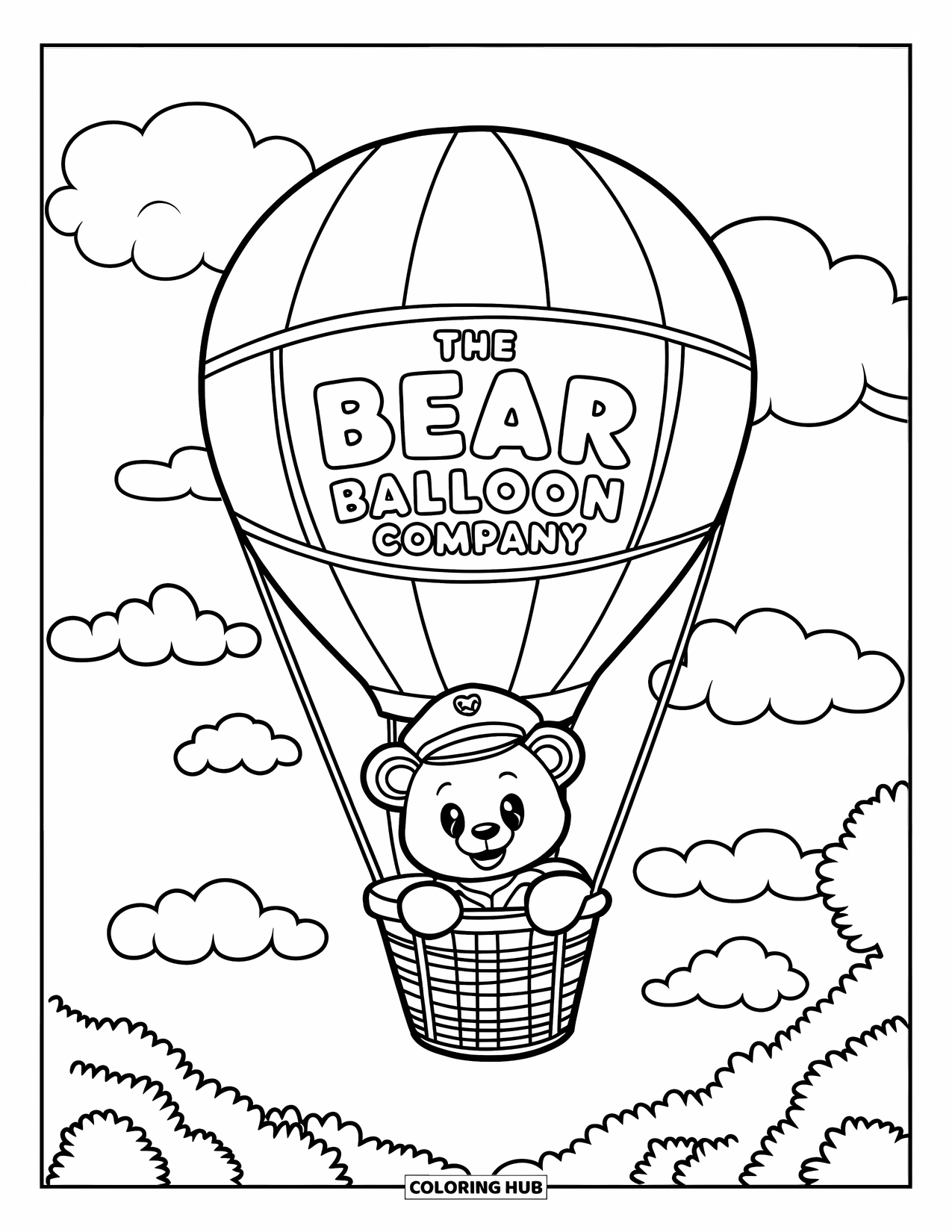 Cloud Coloring Page for Kids: A cheerful bear pilots a balloon above trees with "The Bear Balloon Company" written on it