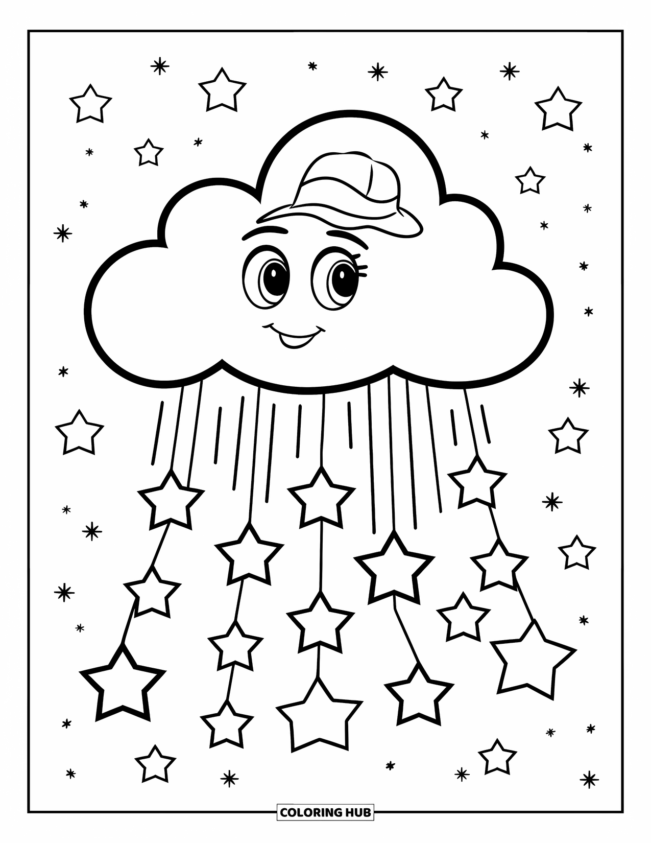 Cloud Coloring Page for Kids: A cheerful cloud in a hat releases stars as they twinkle across the sky
