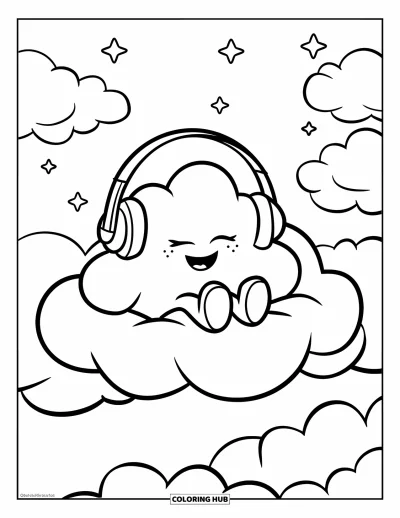 Desenho de nuvem para colorir para crianças: Uma nuvem alegre relaxa no céu com fone de ouvido e estrelas cintilantes ao redor