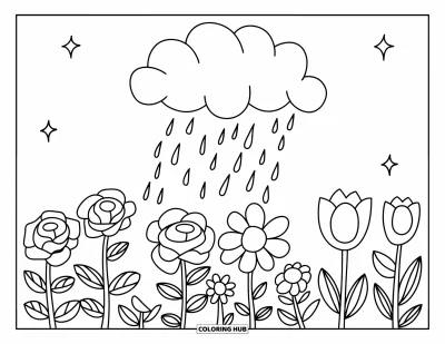 Desenho de nuvem para colorir para crianças: Uma nuvem chove suavemente sobre um jardim feliz cheio de rosas, margaridas e tulipas