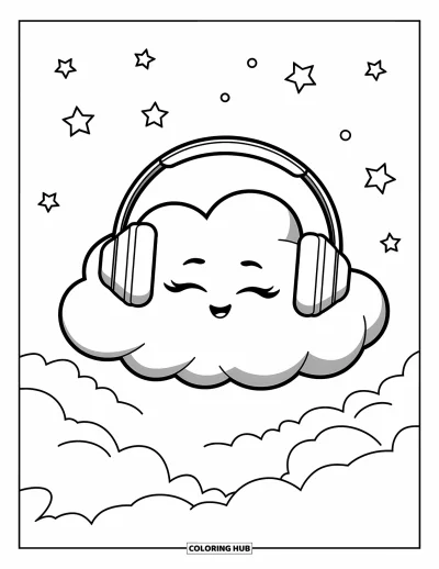 Desenho de nuvem para colorir para crianças: Uma nuvem com fone de ouvido descansa sob as estrelas com uma expressão tranquila