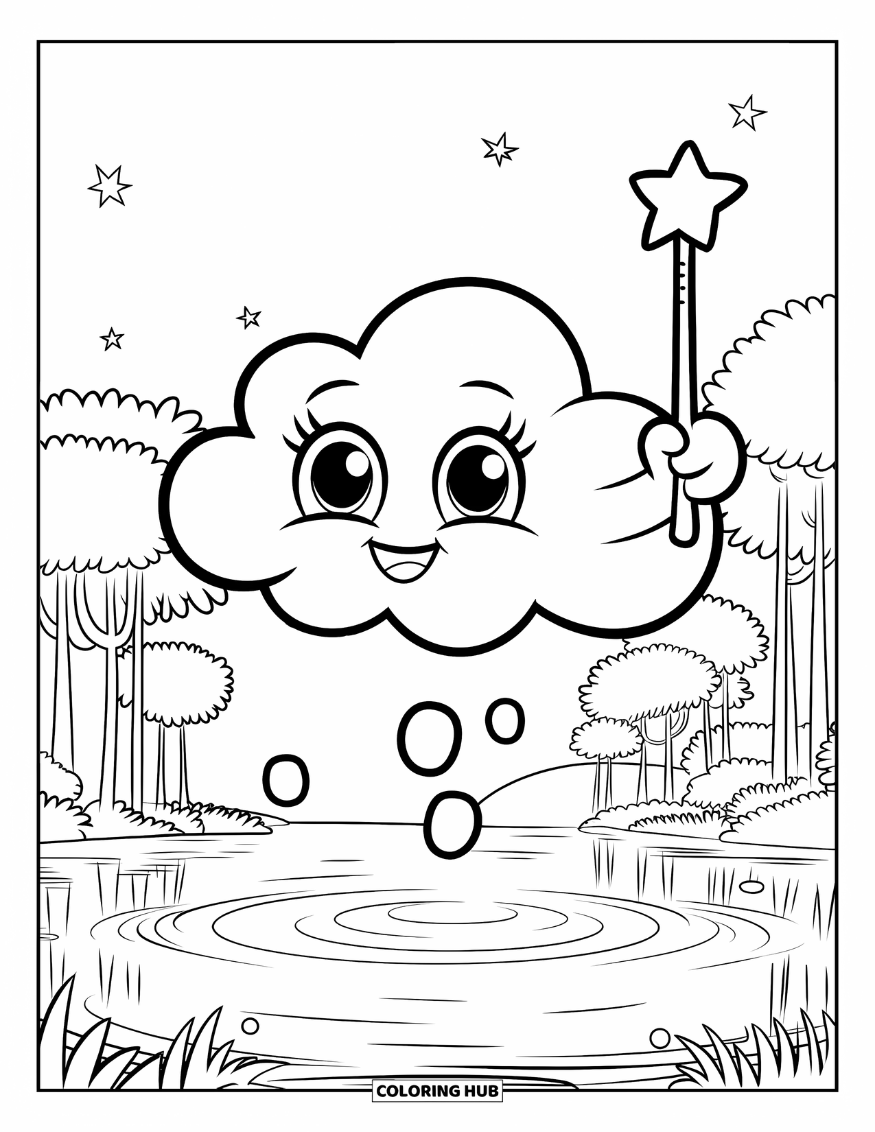 Cloud Coloring Page for Kids: A cloud with big eyes and a wand blows stars across a lake and round-leaf trees