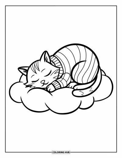 Desenho de nuvem para colorir para crianças: Uma gatinha confortável em um suéter listrado tira uma soneca em uma nuvem fofa e solitária