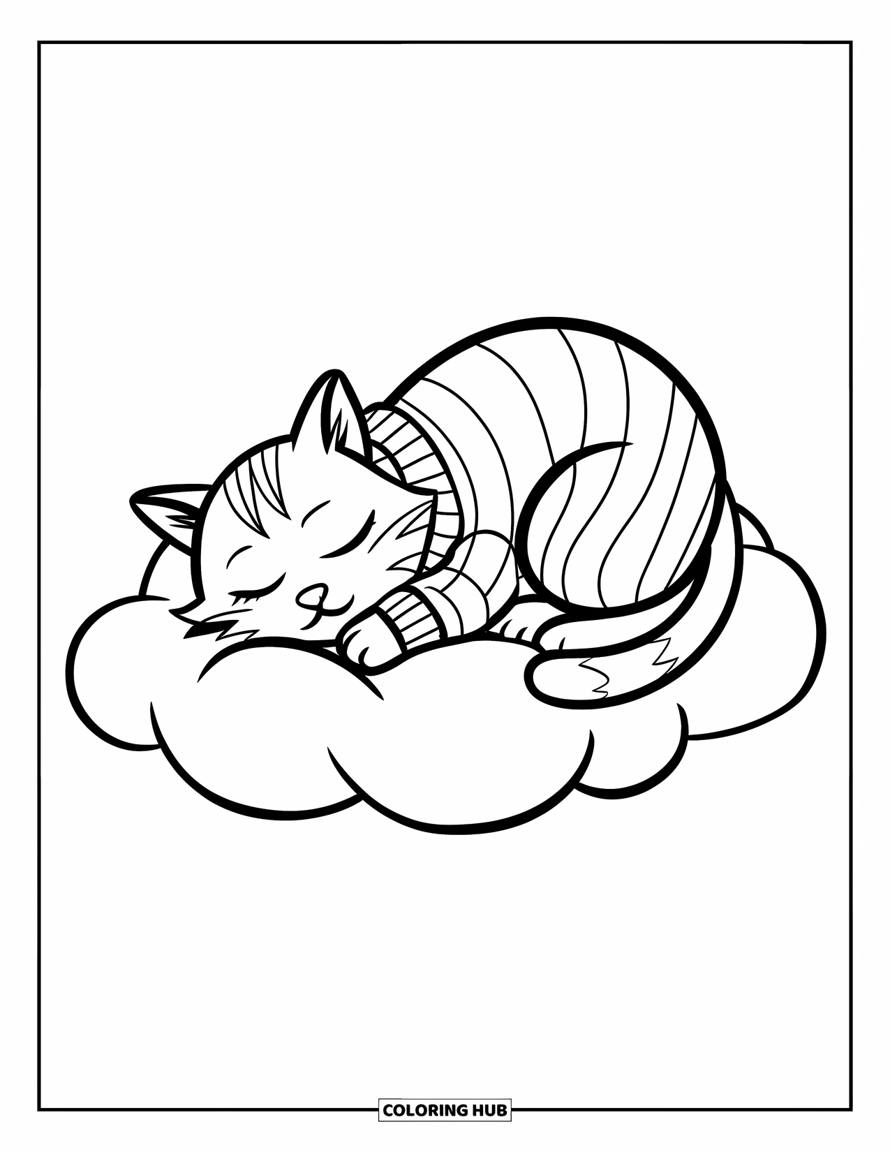 Cloud Coloring Page for Kids: A cozy cat in a striped sweater naps on a lone fluffy cloud