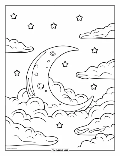 Desenho de nuvem para colorir para crianças: Uma lua cheia de crateras se esconde entre nuvens rodeadas de estrelas pequenas em um céu claro