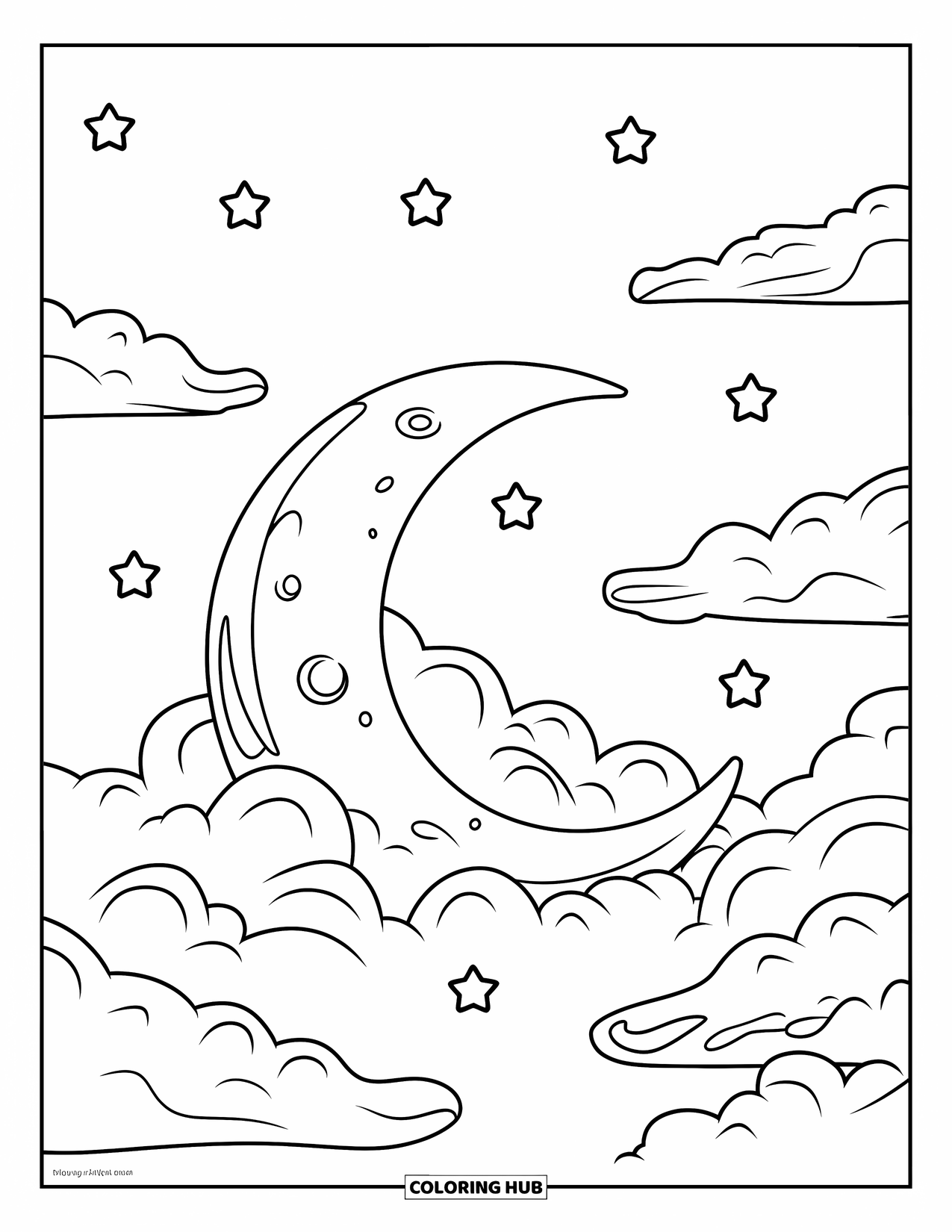 Cloud Coloring Page for Kids: A cratered moon tucks into clouds surrounded by tiny stars in a clear sky