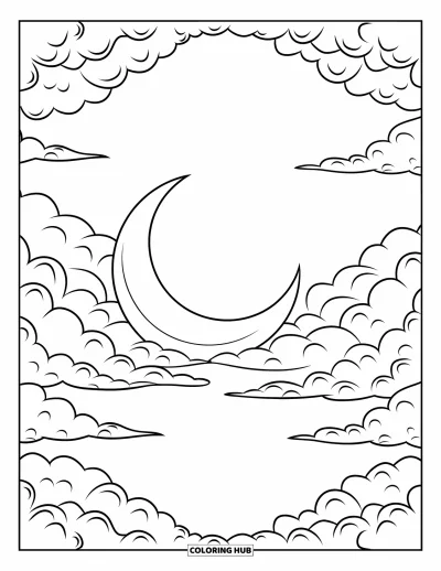 Desenho de nuvem para colorir para crianças: Uma lua crescente flutua em nuvens texturizadas sob um céu calmo e vazio