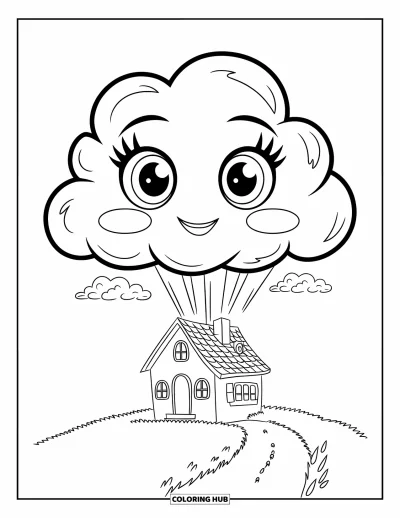 Desenho de nuvem para colorir para crianças: Uma nuvem fofa com olhos grandes flutua acima de uma casinha e de um caminho sinuoso