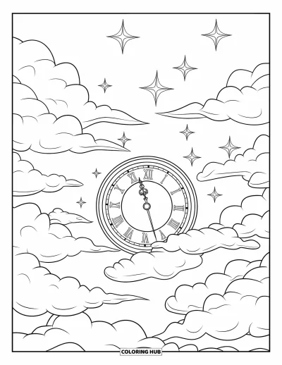Desenho de nuvem para colorir para crianças: Um relógio flutuante deriva entre nuvens e estrelas com seus algarismos romanos brilhando no céu