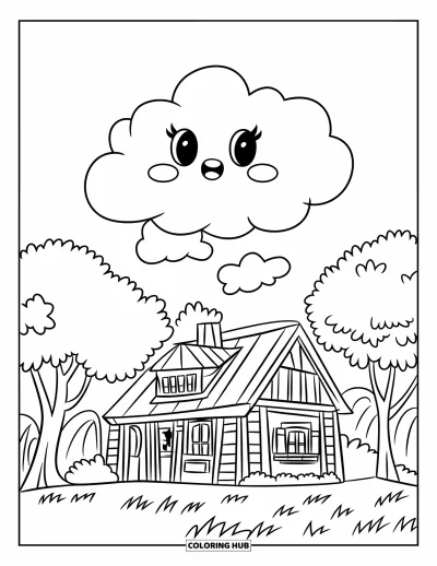 Desenho de nuvem para colorir para crianças: Uma nuvem fofa flutua acima de uma casa de madeira aconchegante cercada de árvores e grama