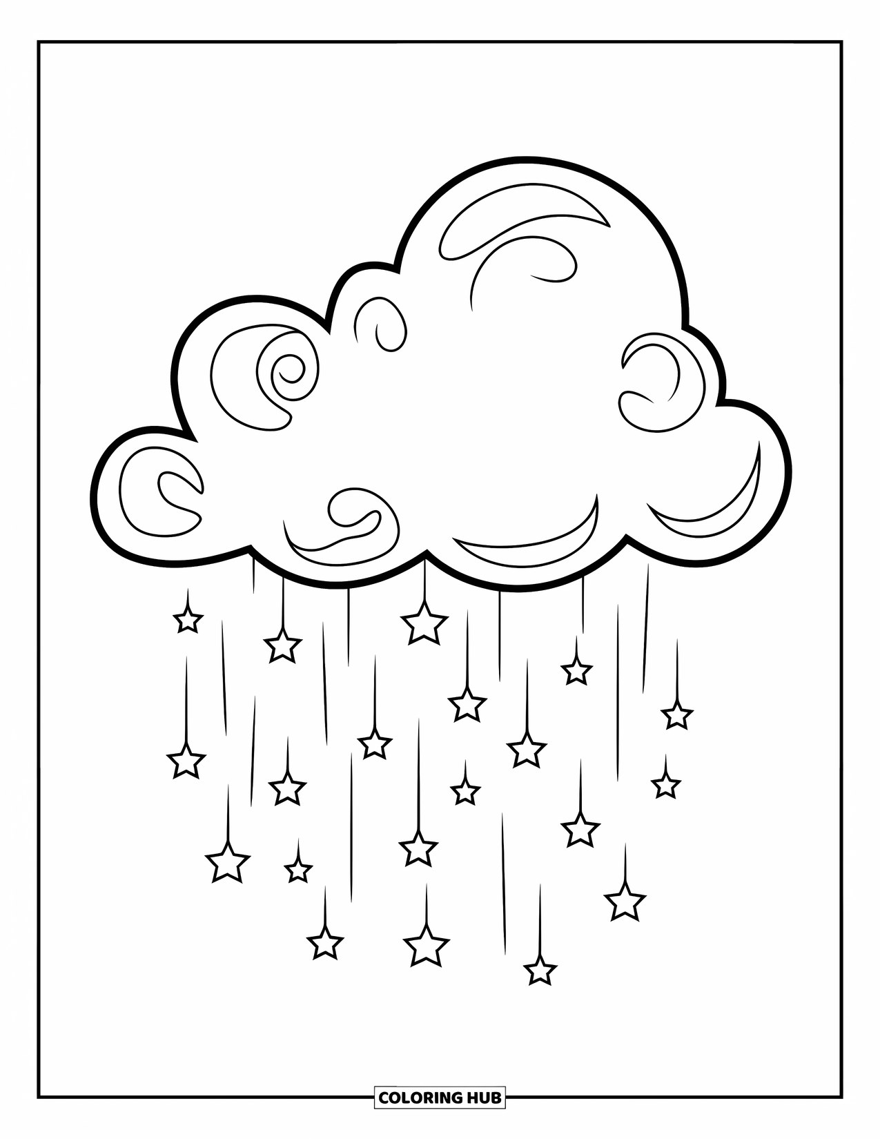 Cloud Coloring Page for Kids: A fluffy cloud releases tiny stars that fall gently through the sky
