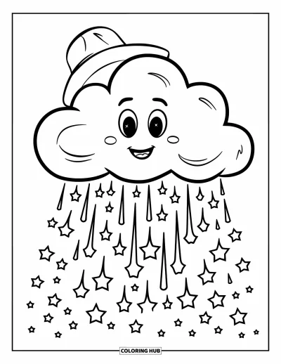 Desenho de nuvem para colorir para crianças: Uma nuvem feliz faz chover estrelas brilhantes por um céu tranquilo e onírico