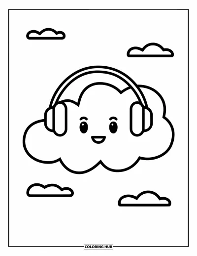 Desenho de nuvem para colorir para crianças: Uma nuvem feliz relaxa com fone de ouvido enquanto linhas suaves atravessam o céu