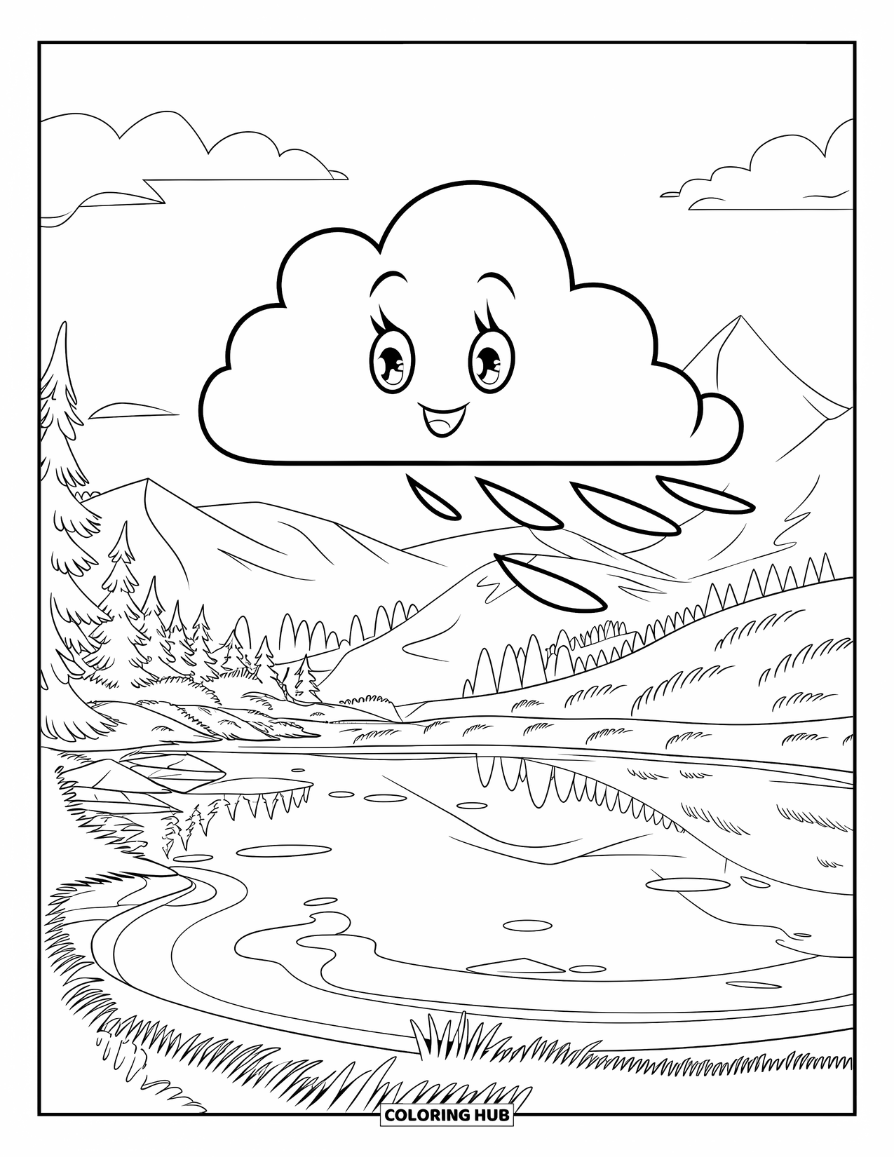 Cloud Coloring Page for Kids: A happy cloud sends gentle wind over a peaceful lake surrounded by grassy hills