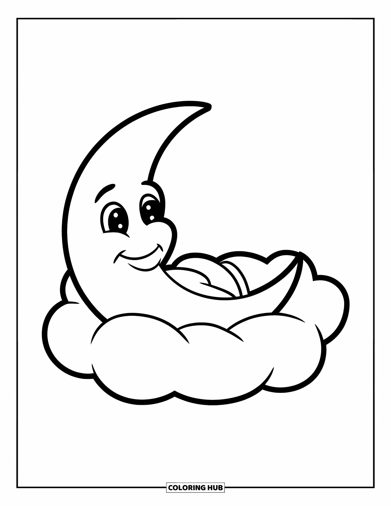 Cloud Coloring Page for Kids: A happy moon smiles from a cloud, glowing in a soft and playful scene