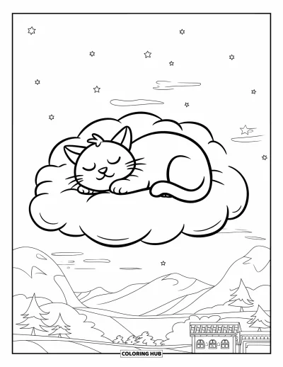 Desenho de nuvem para colorir para crianças: Um gatinho dormindo flutua em uma nuvem acima de montanhas, árvores e um prédio tranquilo