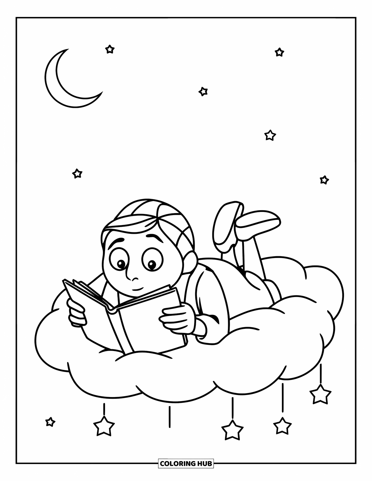 Cloud Coloring Page for Kids: A person lies on a fluffy cloud reading a book beneath stars and a crescent moon
