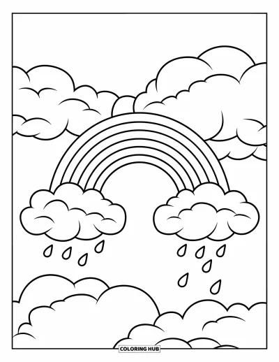 Desenho de nuvem para colorir para crianças: Um arco-íris se forma entre duas nuvens com algumas gotinhas de chuva flutuando por perto
