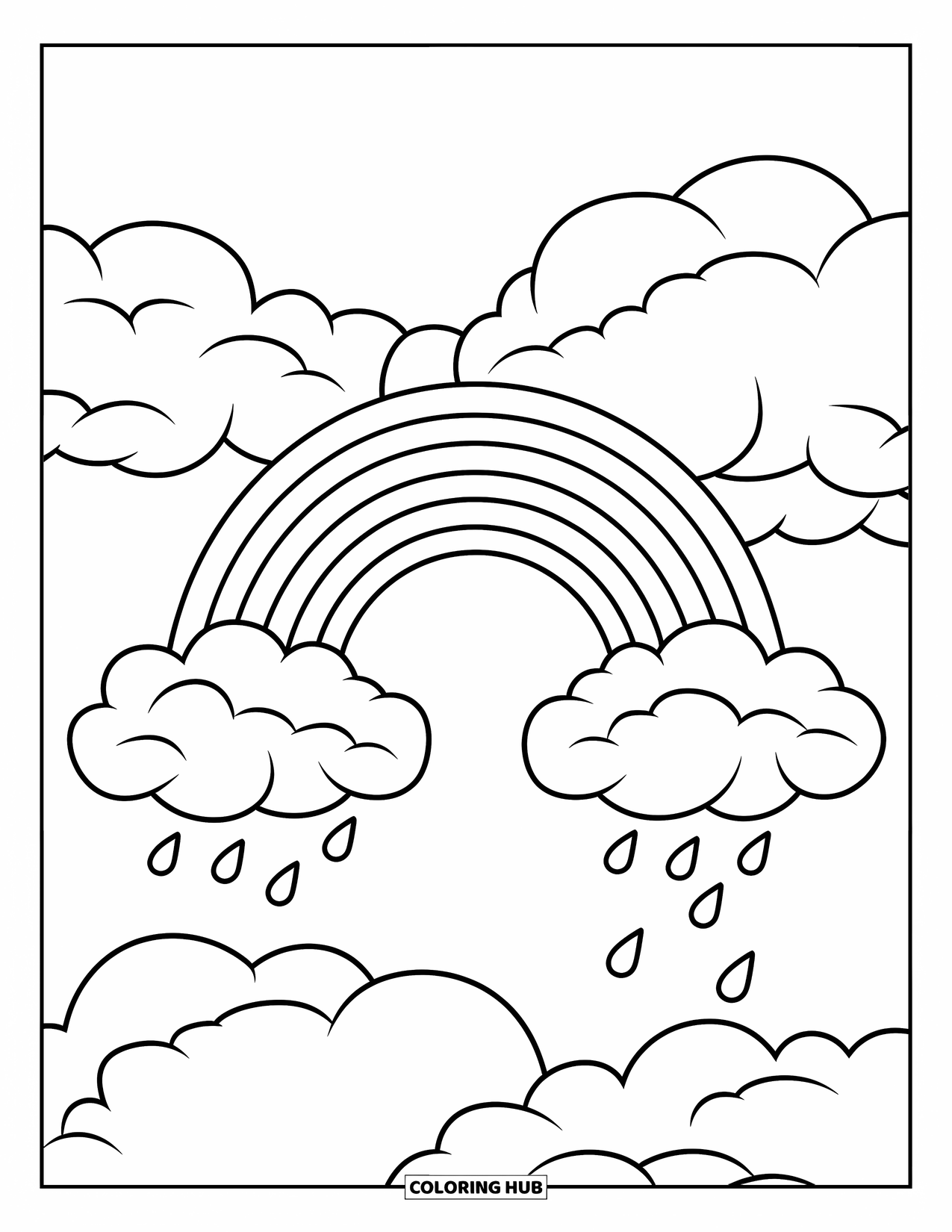 Cloud Coloring Page for Kids: A rainbow arches between two clouds with a few raindrops floating nearby