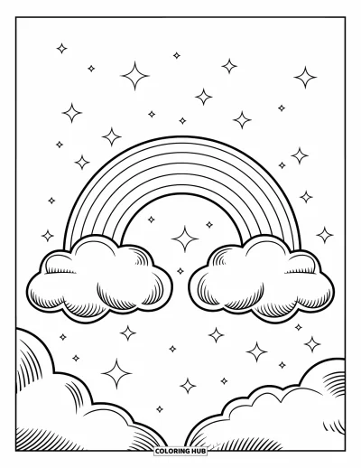Desenho de nuvem para colorir para crianças: Um arco-íris se forma entre duas nuvens suaves sob um céu tranquilo e estrelado