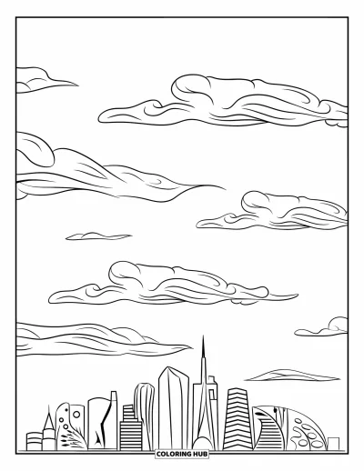 Desenho de nuvem para colorir para crianças: Um horizonte de prédios modernos curvados se assenta sob nuvens fofas e ondulantes