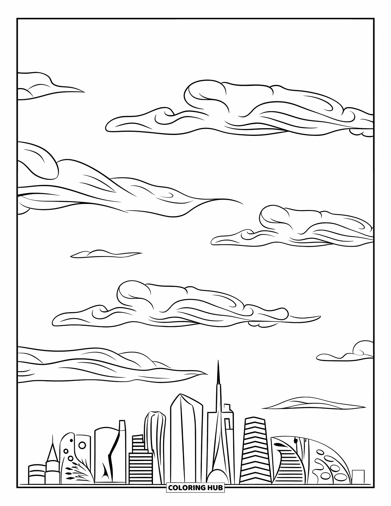 Cloud Coloring Page for Kids: A skyline of curved modern buildings sits beneath flowing, fluffy clouds