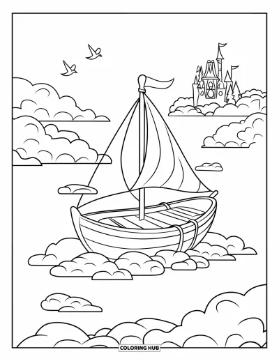 Desenho de nuvem para colorir para crianças: Um barquinho flutua suavemente sobre ondas de nuvens com pássaros voando perto de um castelo distante